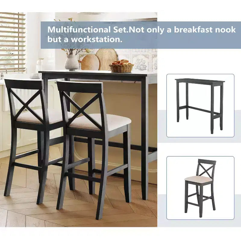 Set da pranzo rettangolare Farmhouse da 47.5" in legno, altezza bar, angolo colazione per cucina con 2 sedie per piccoli spazi - ModernLuxe