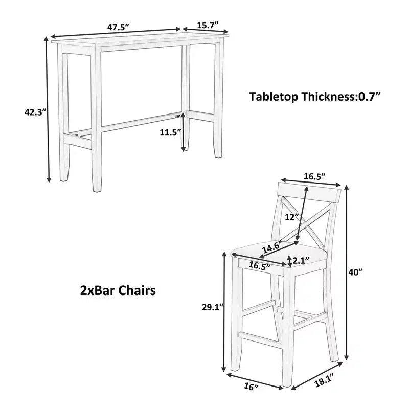 Set da pranzo rettangolare Farmhouse da 47.5" in legno, altezza bar, angolo colazione per cucina con 2 sedie per piccoli spazi - ModernLuxe