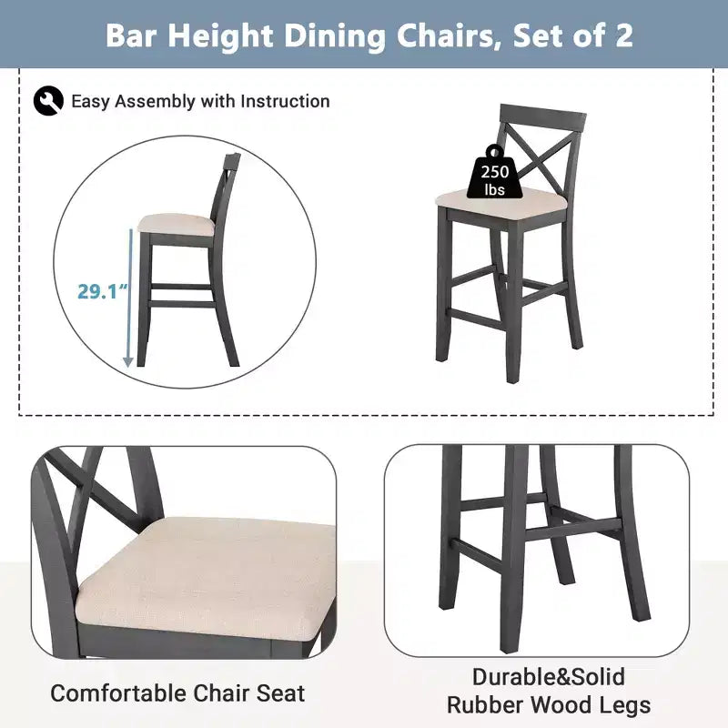 Set da pranzo rettangolare Farmhouse da 47.5" in legno, altezza bar, angolo colazione per cucina con 2 sedie per piccoli spazi - ModernLuxe