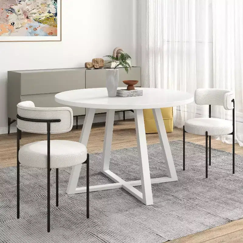 Roundhill Furniture Durban кръгъл комплект за хранене от 5 части, дървена маса за хранене с 4 стола с тапицерия букле