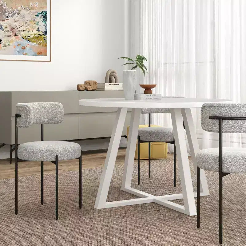 Roundhill Furniture Durban кръгъл комплект за хранене от 5 части, дървена маса за хранене с 4 стола с тапицерия букле