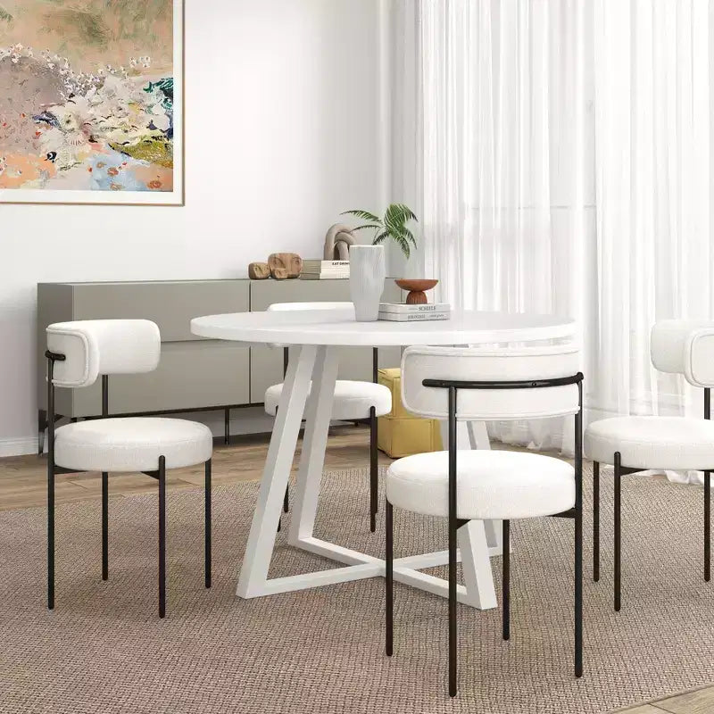 Roundhill Furniture Durban кръгъл комплект за хранене от 5 части, дървена маса за хранене с 4 стола с тапицерия букле