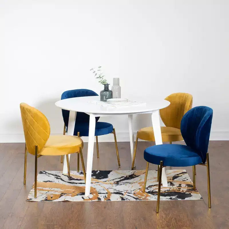 Sett tal-ikel kontemporanju Roundhill Furniture Amoa, mejda tonda bajda tal-ikel b’4 siġġijiet, 5 biċċiet