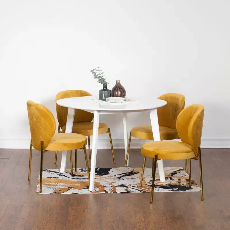 Sett tal-ikel kontemporanju Roundhill Furniture Amoa, mejda tonda bajda tal-ikel b’4 siġġijiet, 5 biċċiet