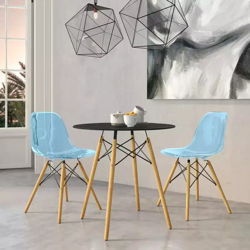 Sett tal-ikel ta' 3 biċċiet LeisureMod Dover - mejda bistro tonda sewda tal-MDF b'2 siġġijiet tal-plastik, għall-kċina moderna, kamra tal-ikel, spazju żgħir, postijiet bilqiegħda f'kafetterija