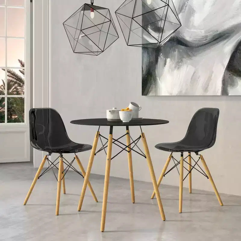 Sett tal-ikel ta' 3 biċċiet LeisureMod Dover - mejda bistro tonda sewda tal-MDF b'2 siġġijiet tal-plastik, għall-kċina moderna, kamra tal-ikel, spazju żgħir, postijiet bilqiegħda f'kafetterija