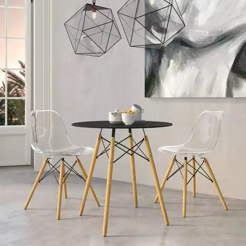 Sett tal-ikel ta' 3 biċċiet LeisureMod Dover - mejda bistro tonda sewda tal-MDF b'2 siġġijiet tal-plastik, għall-kċina moderna, kamra tal-ikel, spazju żgħir, postijiet bilqiegħda f'kafetterija