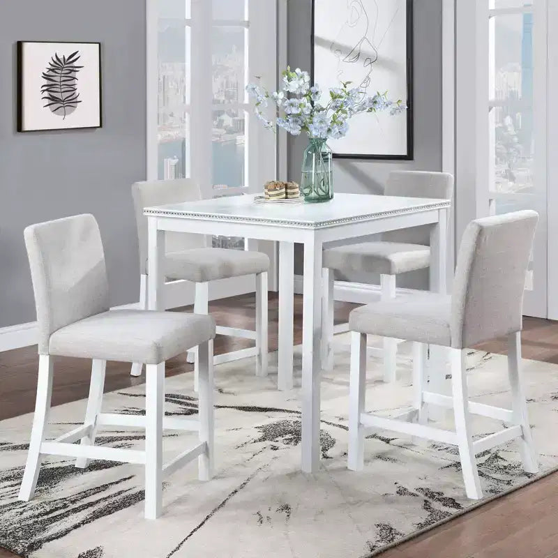 Set da pranzo da 5 pezzi ad altezza bancone: tavolo quadrato in legno e 4 sedie imbottite con decorazioni in cristallo, ideale per la cucina