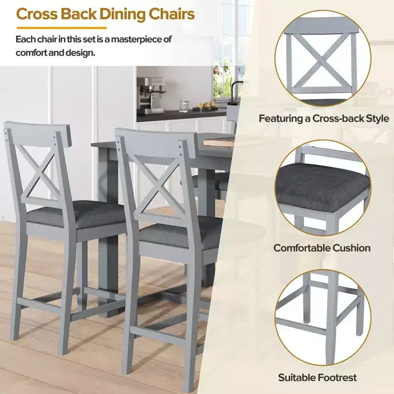 Set da pranzo in stile rustico da 5 pezzi con tavolo ad altezza bancone, 4 sedie da pranzo imbottite e ripiani contenitori a 3 livelli, grigio/naturale+bianco-ModernLuxe