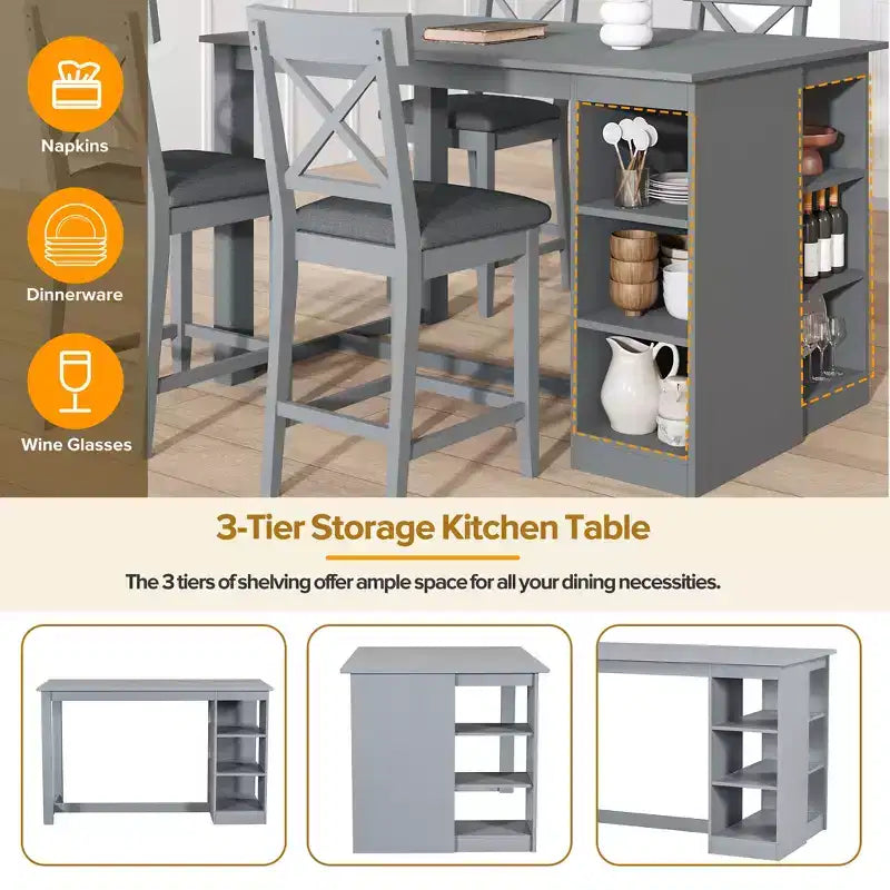 Set da pranzo in stile rustico da 5 pezzi con tavolo ad altezza bancone, 4 sedie da pranzo imbottite e ripiani contenitori a 3 livelli, grigio/naturale+bianco-ModernLuxe