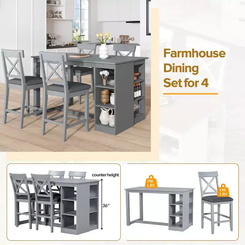 Set da pranzo in stile rustico da 5 pezzi con tavolo ad altezza bancone, 4 sedie da pranzo imbottite e ripiani contenitori a 3 livelli, grigio/naturale+bianco-ModernLuxe