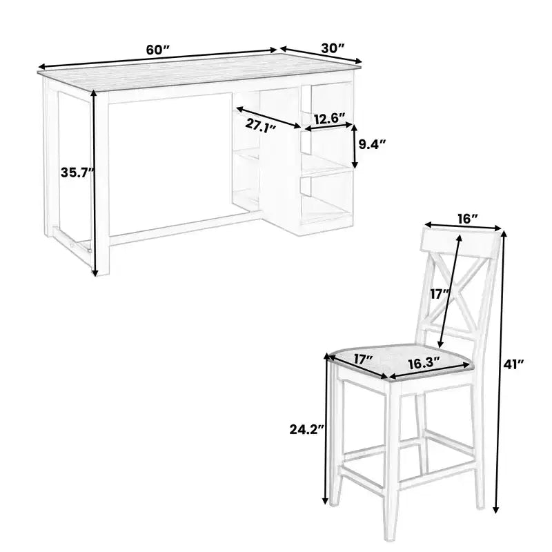 Set da pranzo in stile rustico da 5 pezzi con tavolo ad altezza bancone, 4 sedie da pranzo imbottite e ripiani contenitori a 3 livelli, grigio/naturale+bianco-ModernLuxe