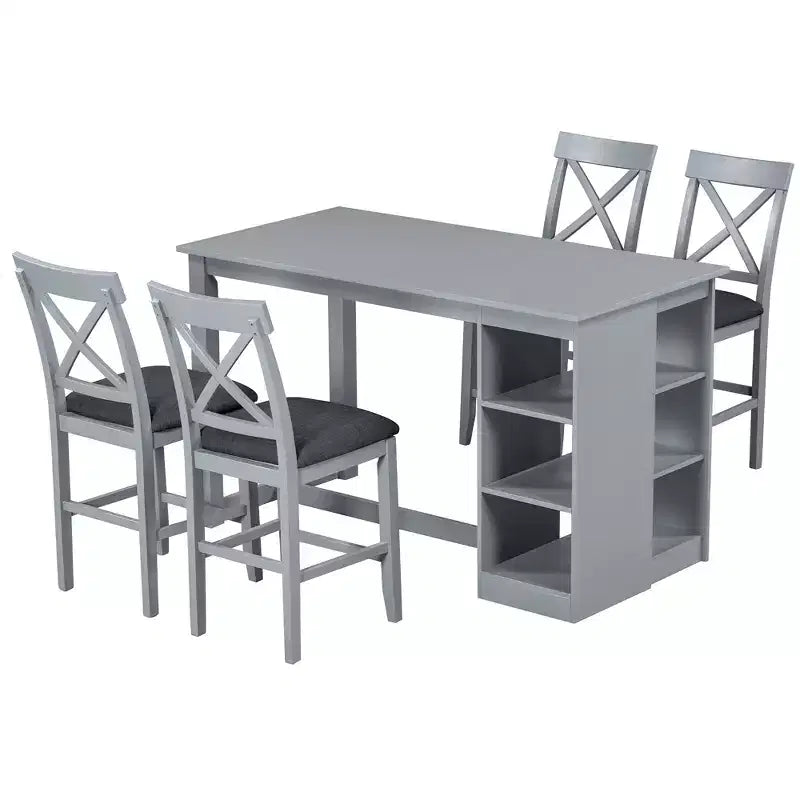Set da pranzo in stile rustico da 5 pezzi con tavolo ad altezza bancone, 4 sedie da pranzo imbottite e ripiani contenitori a 3 livelli, grigio/naturale+bianco-ModernLuxe