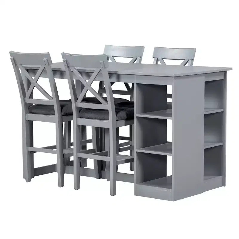 Set da pranzo in stile rustico da 5 pezzi con tavolo ad altezza bancone, 4 sedie da pranzo imbottite e ripiani contenitori a 3 livelli, grigio/naturale+bianco-ModernLuxe