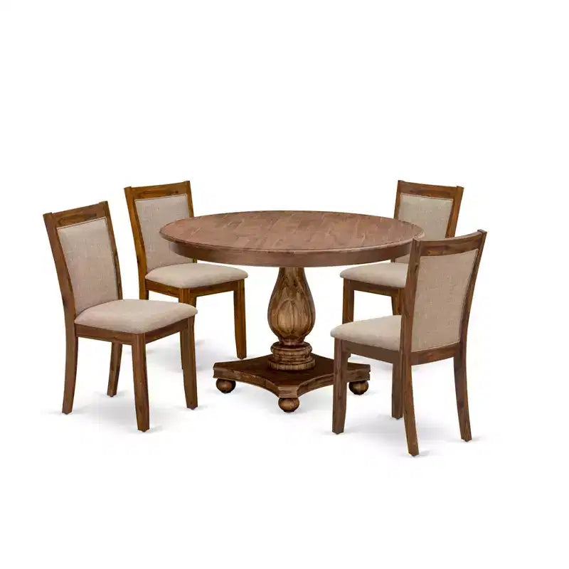 Set da tavolo da pranzo rotondo HomeStock con 4 sedie in tessuto di lino, set da cucina in noce anticato