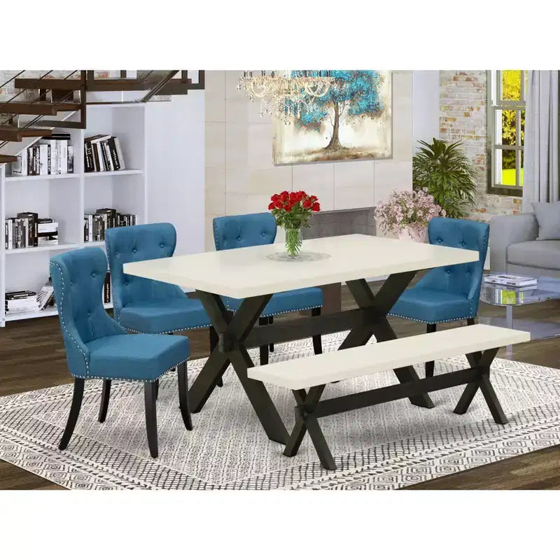 Set da cucina HomeStock da 6 pezzi con sedie in lino blu