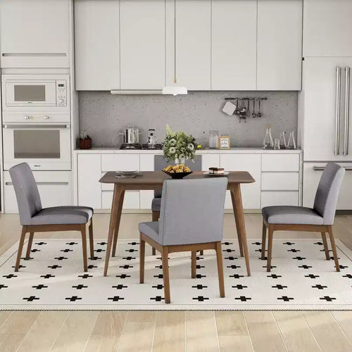 5 Piece Dining Table Set Dining Set Kitchen Table Set with 4 Upholstered Chairs, Mid-Century Modern, Beige/Gray+Walnut-ModernLuxe