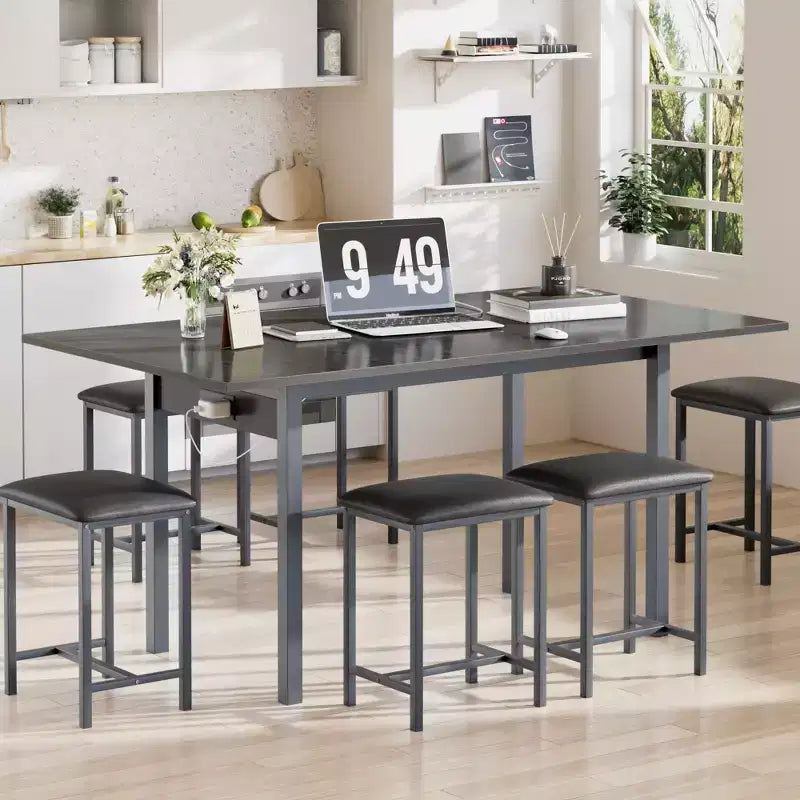 VECELO 7-teiliges Esszimmer-Set mit 6 Hockern, 63 ausziehbarer Küchentisch mit Metallgestell, für kleine Räume, Schwarz
