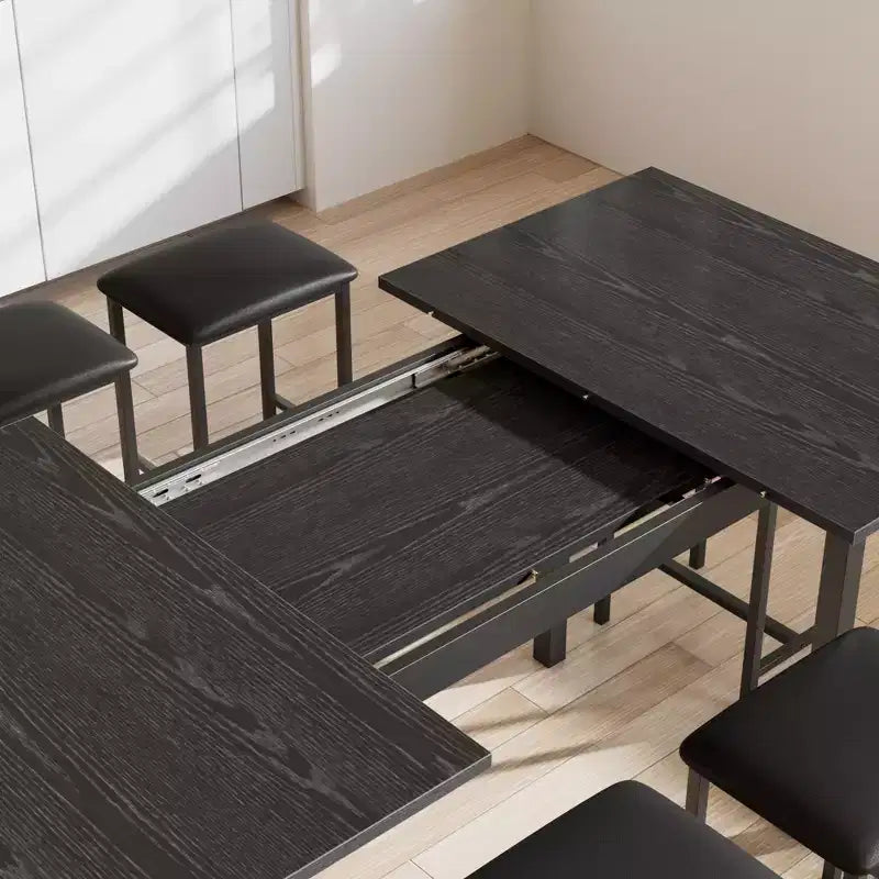 VECELO 7-teiliges Esszimmer-Set mit 6 Hockern, 63 ausziehbarer Küchentisch mit Metallgestell, für kleine Räume, Schwarz