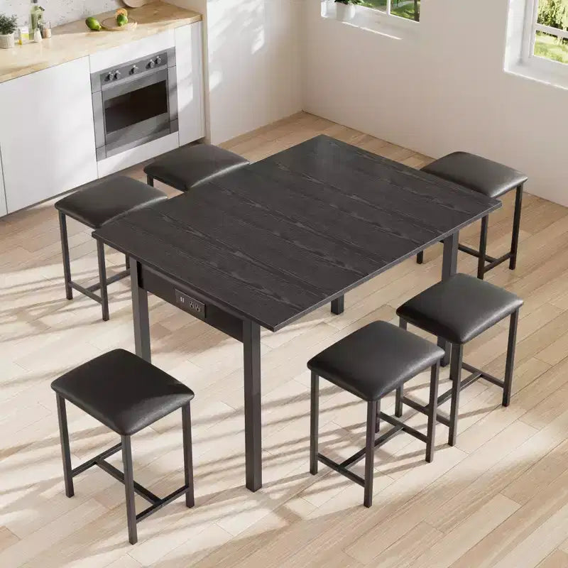 VECELO 7-teiliges Esszimmer-Set mit 6 Hockern, 63 ausziehbarer Küchentisch mit Metallgestell, für kleine Räume, Schwarz