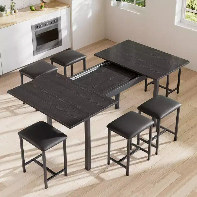 VECELO 7-teiliges Esszimmer-Set mit 6 Hockern, 63 ausziehbarer Küchentisch mit Metallgestell, für kleine Räume, Schwarz