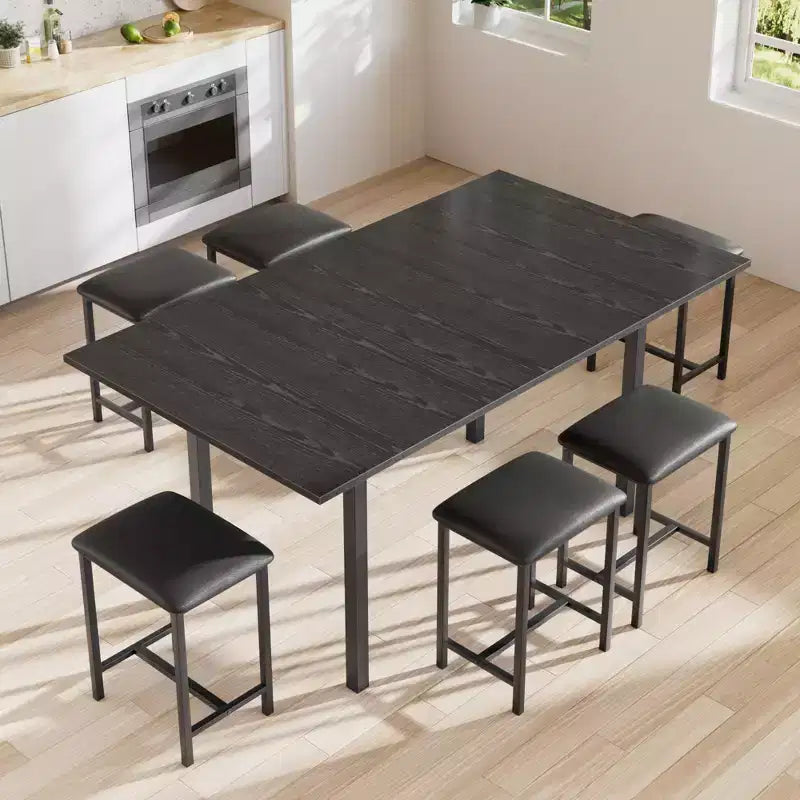 VECELO 7-teiliges Esszimmer-Set mit 6 Hockern, 63 ausziehbarer Küchentisch mit Metallgestell, für kleine Räume, Schwarz