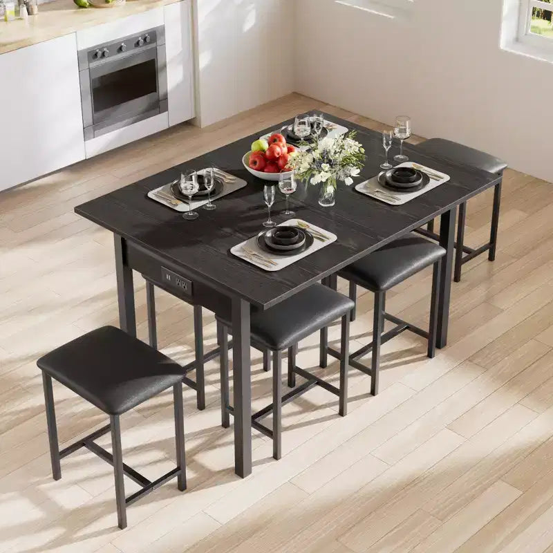 VECELO 7-teiliges Esszimmer-Set mit 6 Hockern, 63 ausziehbarer Küchentisch mit Metallgestell, für kleine Räume, Schwarz