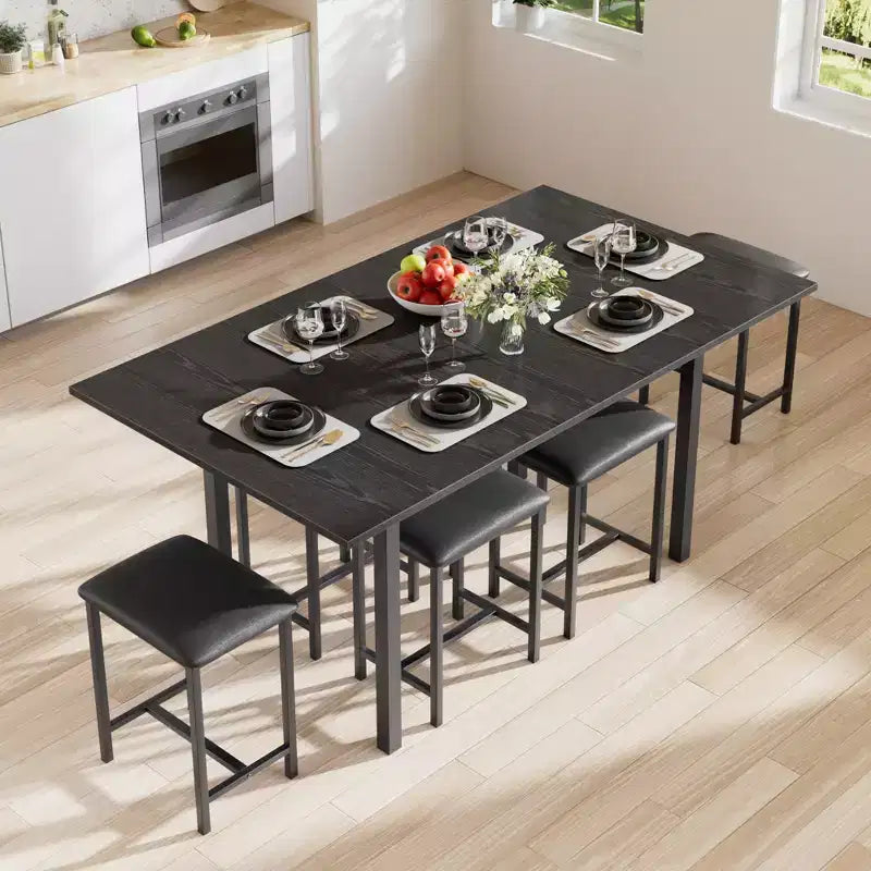 VECELO 7-teiliges Esszimmer-Set mit 6 Hockern, 63 ausziehbarer Küchentisch mit Metallgestell, für kleine Räume, Schwarz