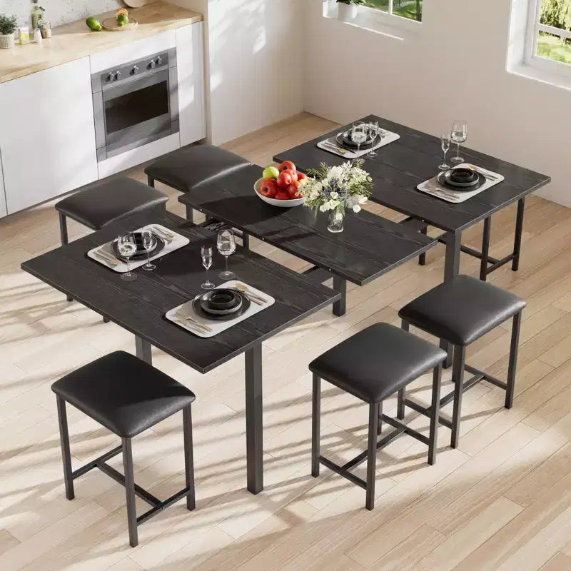 VECELO 7-teiliges Esszimmer-Set mit 6 Hockern, 63 ausziehbarer Küchentisch mit Metallgestell, für kleine Räume, Schwarz