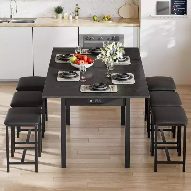VECELO 7-teiliges Esszimmer-Set mit 6 Hockern, 63 ausziehbarer Küchentisch mit Metallgestell, für kleine Räume, Schwarz