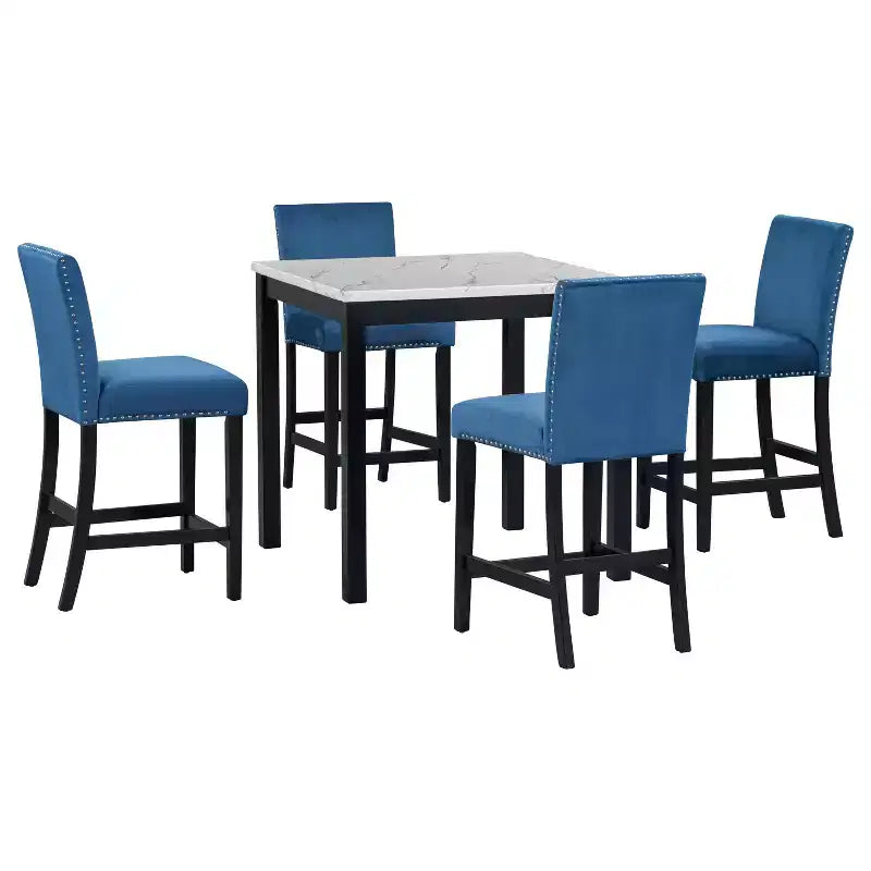 5-TEILIGE ESSGRUPPE, Esszimmertisch-Set in Tresorhöhe, Essgruppe in Barhöhe mit 4 samtbezogenen Stühlen und Esstisch mit Kunstmarmorplatte-ModernLuxe