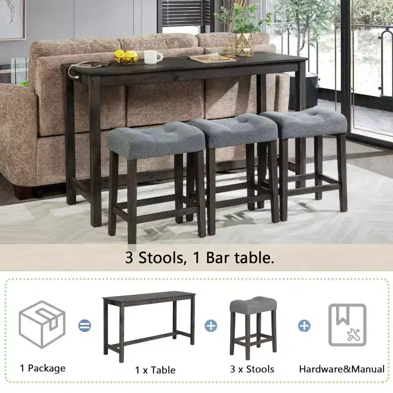 4-teiliges Esstisch-Set, Set aus Bartisch und Esszimmerstühlen, Bartisch-Set mit 3 gepolsterten Hockern, Braun