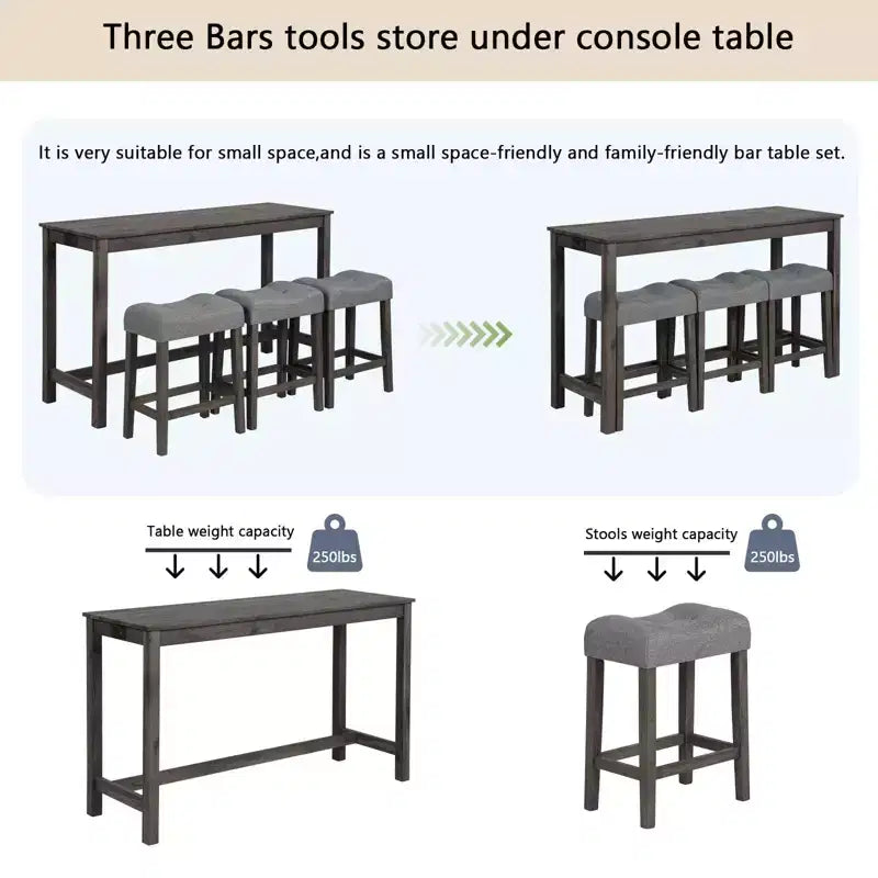 4-teiliges Esstisch-Set, Set aus Bartisch und Esszimmerstühlen, Bartisch-Set mit 3 gepolsterten Hockern, Braun