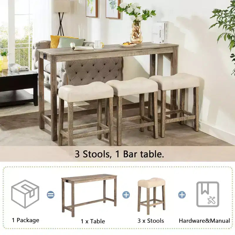 4-teiliges Esstisch-Set, Set aus Bartisch und Esszimmerstühlen, Bartisch-Set mit 3 gepolsterten Hockern, Braun