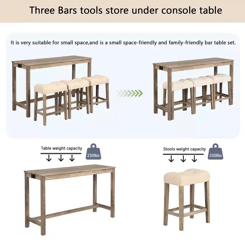 4-teiliges Esstisch-Set, Set aus Bartisch und Esszimmerstühlen, Bartisch-Set mit 3 gepolsterten Hockern, Braun