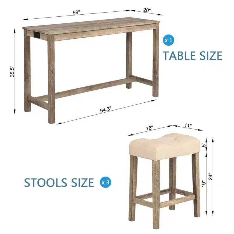 4-teiliges Esstisch-Set, Set aus Bartisch und Esszimmerstühlen, Bartisch-Set mit 3 gepolsterten Hockern, Braun