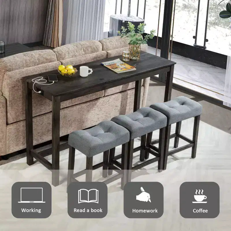 4-teiliges Esstisch-Set, Set aus Bartisch und Esszimmerstühlen, Bartisch-Set mit 3 gepolsterten Hockern, Braun