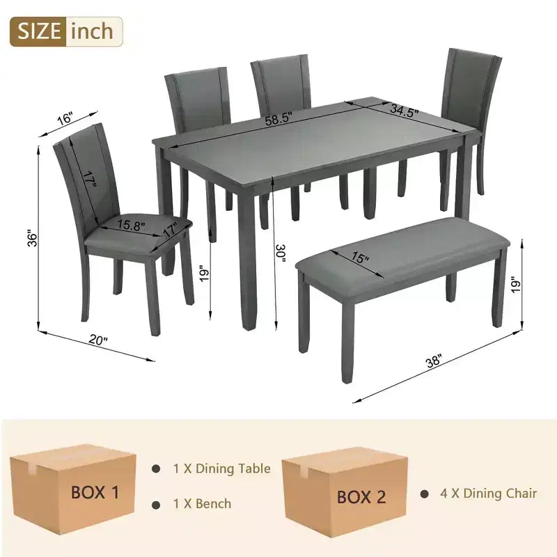 6-delige eetkamertafelset met bank en stoelen, houten eetkamertafelset voor 6 personen, moderne eetkamertafelset voor 6 personen voor eetkamer en keuken