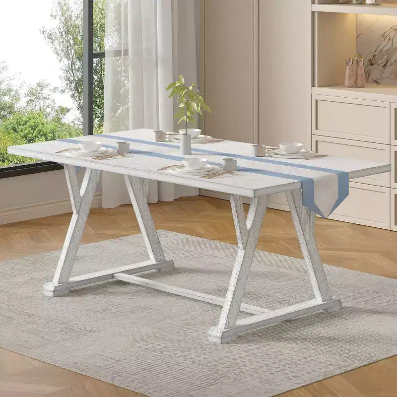 Set da pranzo VECELO in stile rustico da 7 pezzi per 6 persone, tavolo in legno di gomma con 6 sedie da pranzo imbottite, grigio