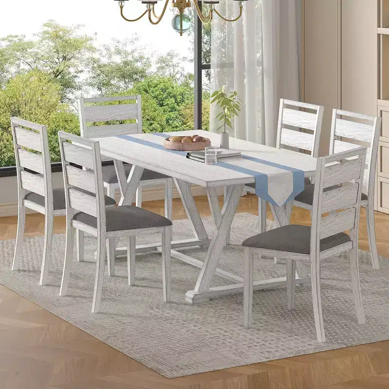 Set da pranzo VECELO in stile rustico da 7 pezzi per 6 persone, tavolo in legno di gomma con 6 sedie da pranzo imbottite, grigio
