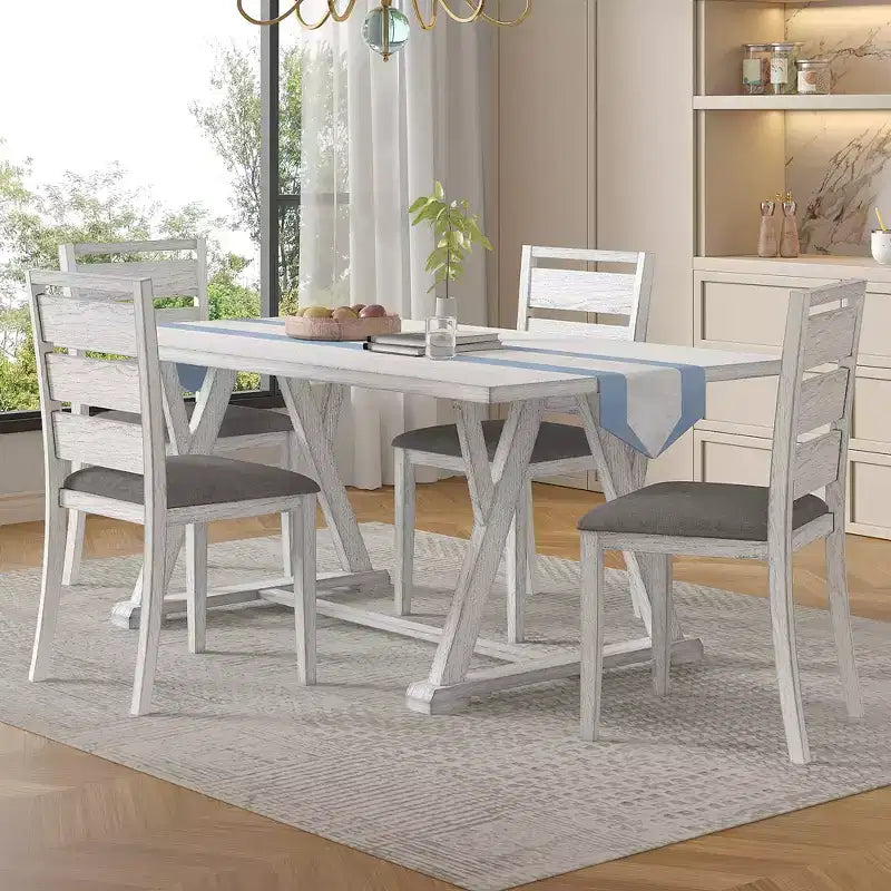 Set da pranzo VECELO in stile rustico da 7 pezzi per 6 persone, tavolo in legno di gomma con 6 sedie da pranzo imbottite, grigio