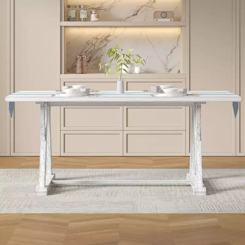Set da pranzo VECELO in stile rustico da 7 pezzi per 6 persone, tavolo in legno di gomma con 6 sedie da pranzo imbottite, grigio