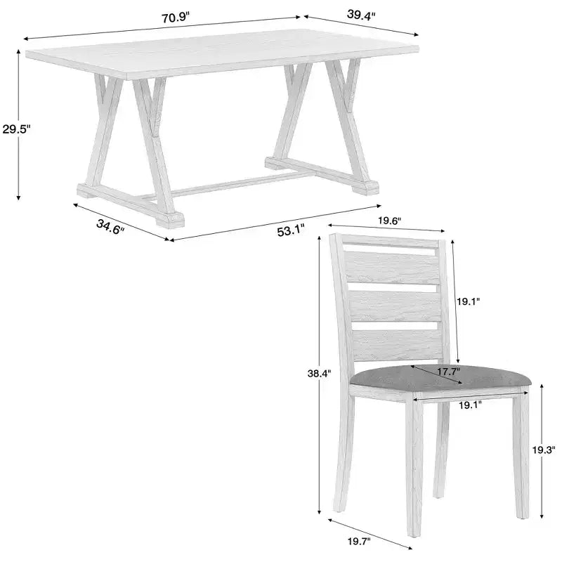 Set da pranzo VECELO in stile rustico da 7 pezzi per 6 persone, tavolo in legno di gomma con 6 sedie da pranzo imbottite, grigio