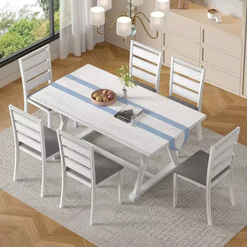 Set da pranzo VECELO in stile rustico da 7 pezzi per 6 persone, tavolo in legno di gomma con 6 sedie da pranzo imbottite, grigio