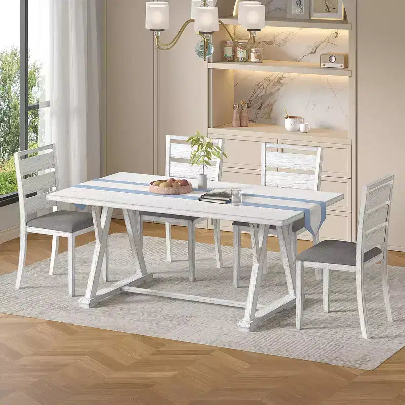 Set da pranzo VECELO in stile rustico da 7 pezzi per 6 persone, tavolo in legno di gomma con 6 sedie da pranzo imbottite, grigio