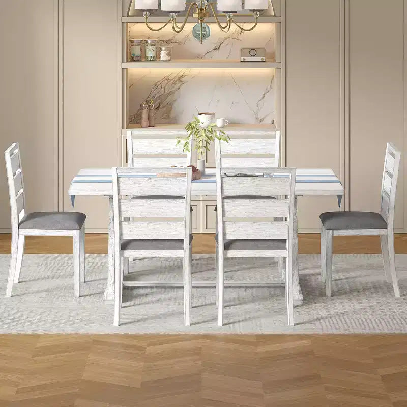 Set da pranzo VECELO in stile rustico da 7 pezzi per 6 persone, tavolo in legno di gomma con 6 sedie da pranzo imbottite, grigio