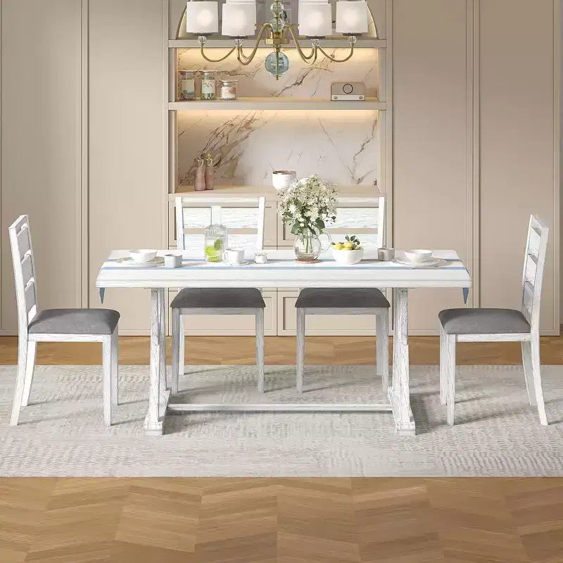 Set da pranzo VECELO in stile rustico da 7 pezzi per 6 persone, tavolo in legno di gomma con 6 sedie da pranzo imbottite, grigio