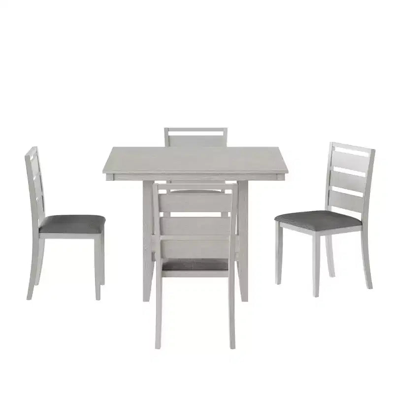 Set da pranzo rustico VECELO da 5 pezzi, tavolo quadrato in legno di gomma con ripiano e 4 sedie da pranzo imbottite senza braccioli per la cucina, grigio