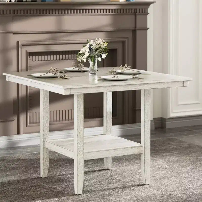 Set da pranzo rustico VECELO da 5 pezzi, tavolo quadrato in legno di gomma con ripiano e 4 sedie da pranzo imbottite senza braccioli per la cucina, grigio
