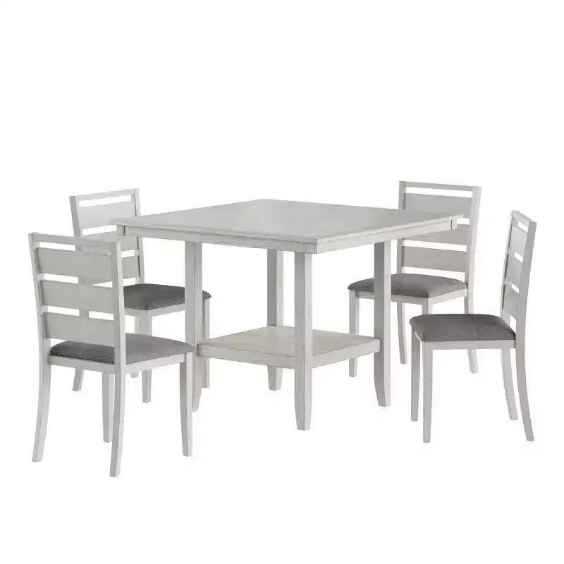 Set da pranzo rustico VECELO da 5 pezzi, tavolo quadrato in legno di gomma con ripiano e 4 sedie da pranzo imbottite senza braccioli per la cucina, grigio